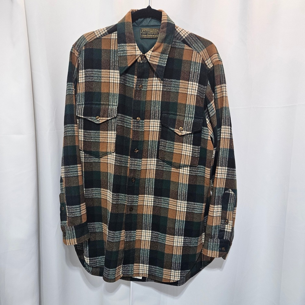 Vtg Pendleton Andy Anderson OKC Wool Plaid Flannel Shirt Green Brown Mens READ